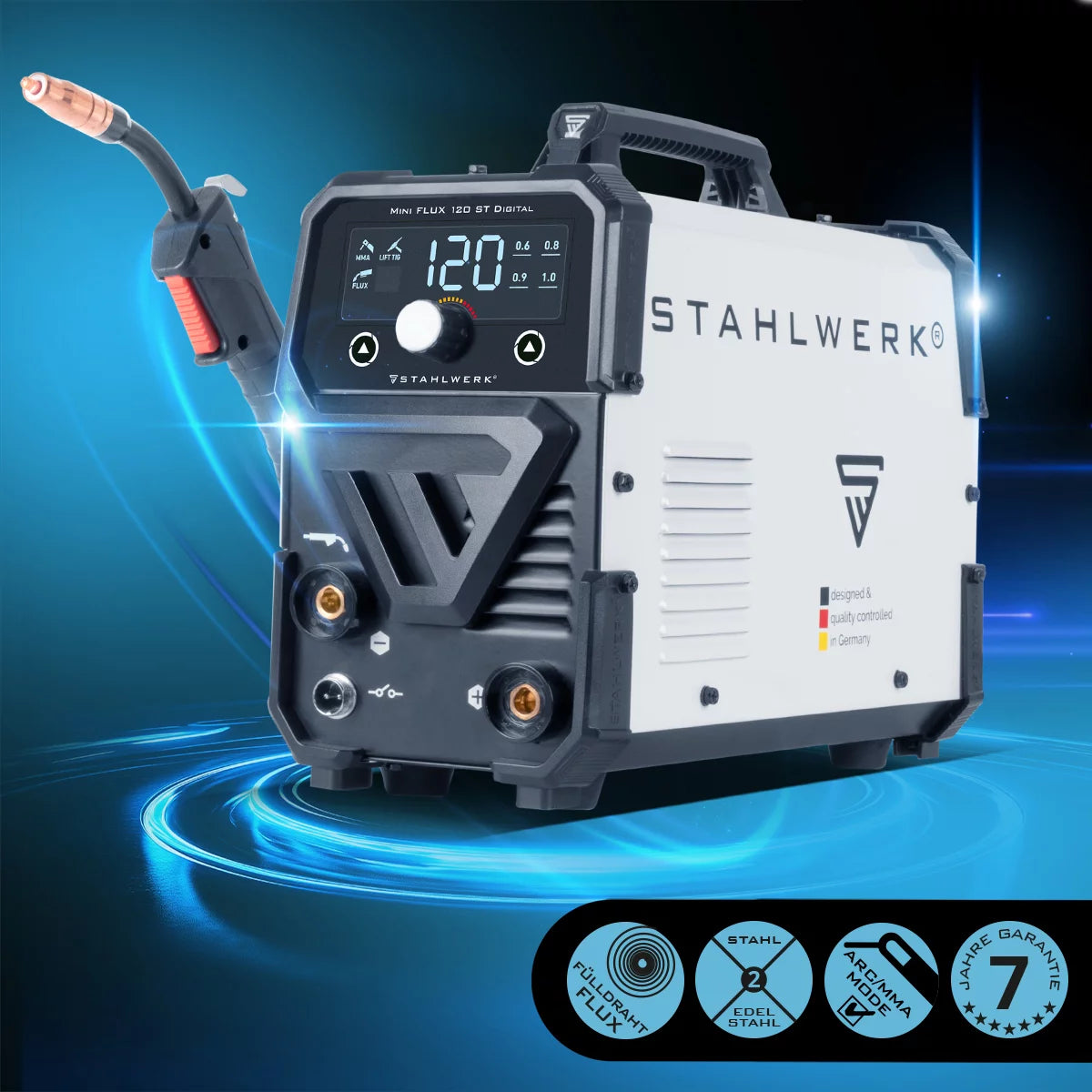 Steelworks welding machine Mini Flux 120 ST Digital | 120 AMPERE | Synergian wire feed | Suitable for lift Fill wire welding | ARC/MMA function for simple welding without protective gas with a filling wire