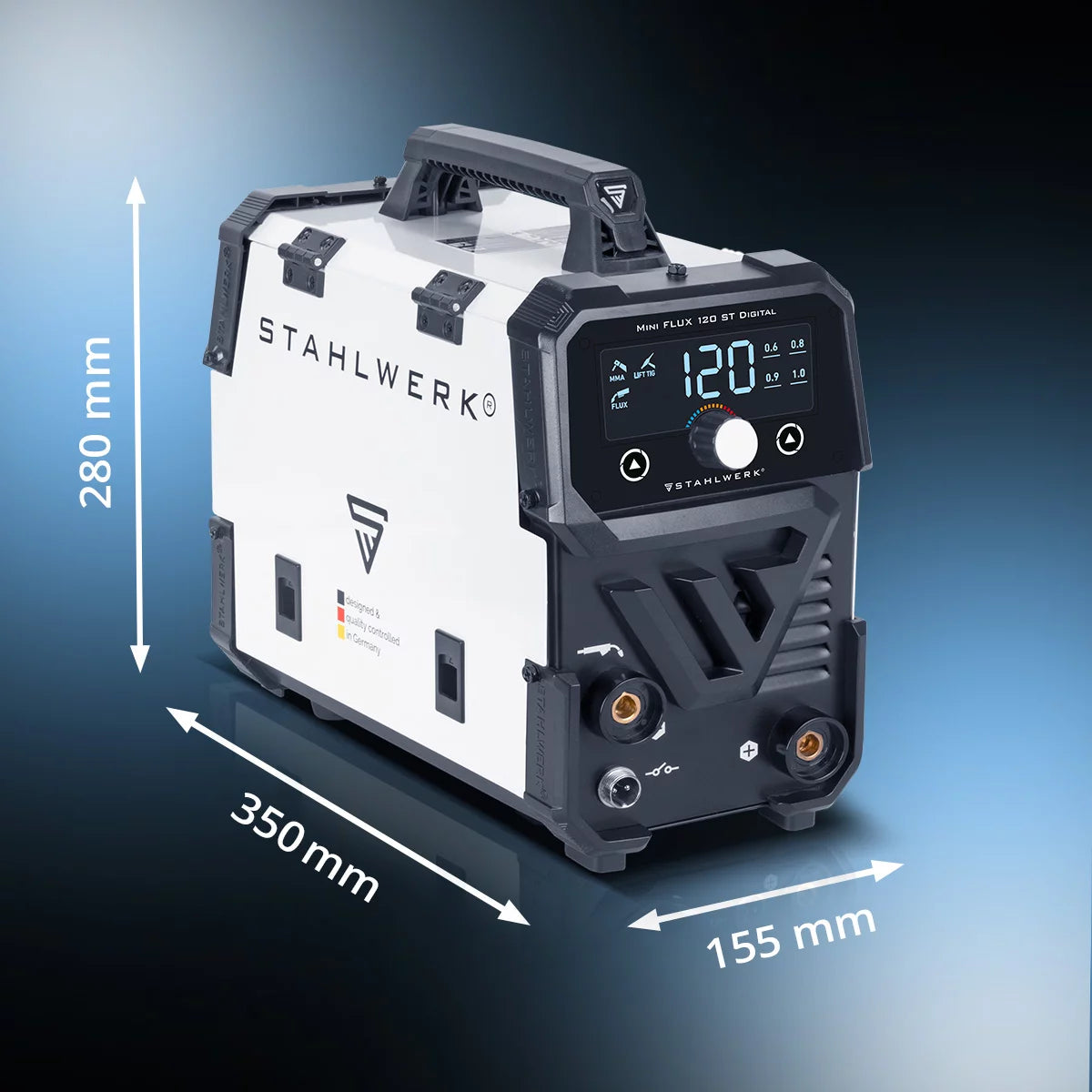 Steelworks welding machine Mini Flux 120 ST Digital | 120 AMPERE | Synergian wire feed | Suitable for lift Fill wire welding | ARC/MMA function for simple welding without protective gas with a filling wire