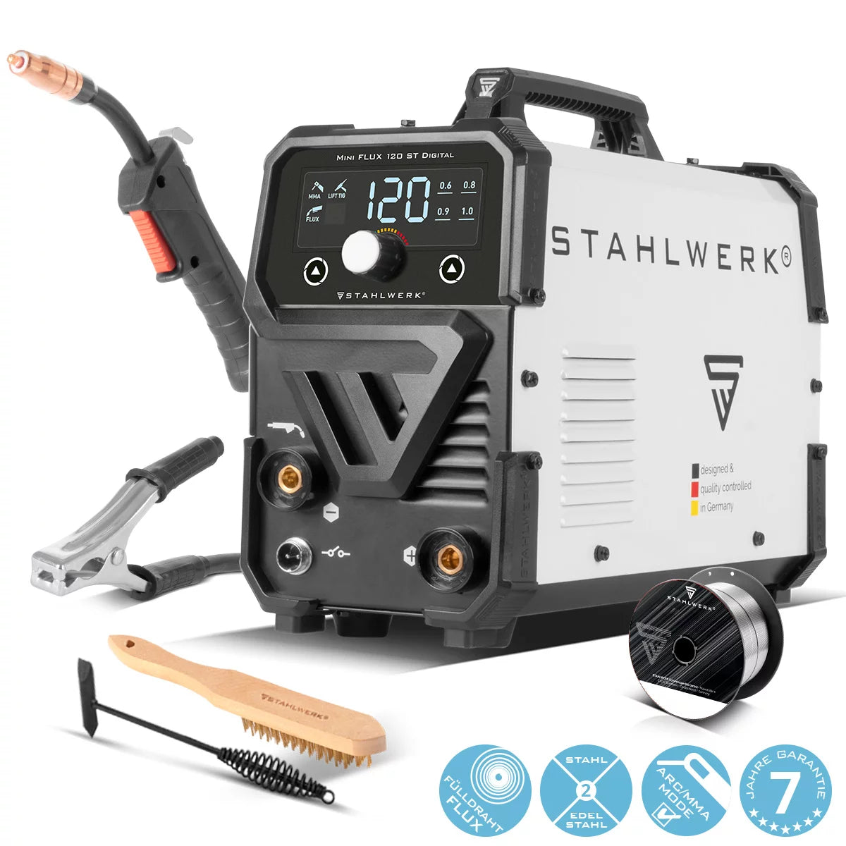 Steelworks welding machine Mini Flux 120 ST Digital | 120 AMPERE | Synergian wire feed | Suitable for lift Fill wire welding | ARC/MMA function for simple welding without protective gas with a filling wire