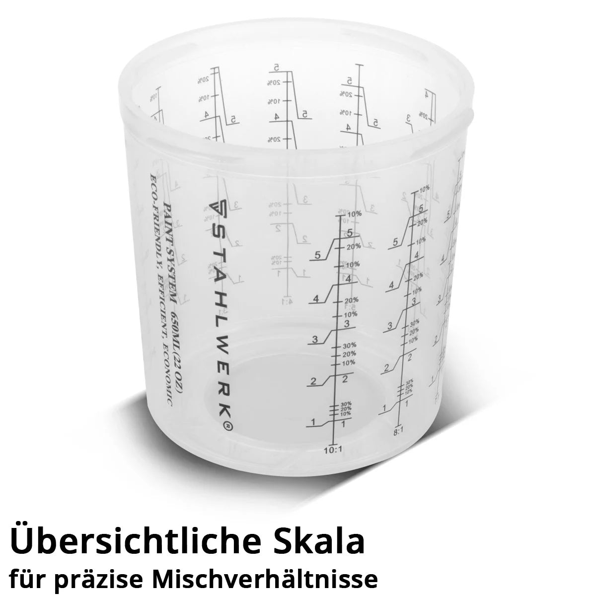 Stahlwerk Mischbecheret 25 partes para usar en pistolas de pintura | Falta de mezclador | Mezclador de color | 650 ml de taza de medición desechable para mezclar y aplicar pinturas