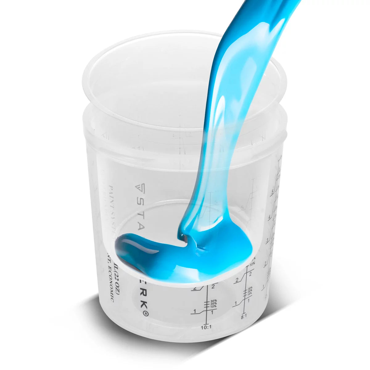 Stahlwerk Mischbecheret 25 partes para usar en pistolas de pintura | Falta de mezclador | Mezclador de color | 650 ml de taza de medición desechable para mezclar y aplicar pinturas