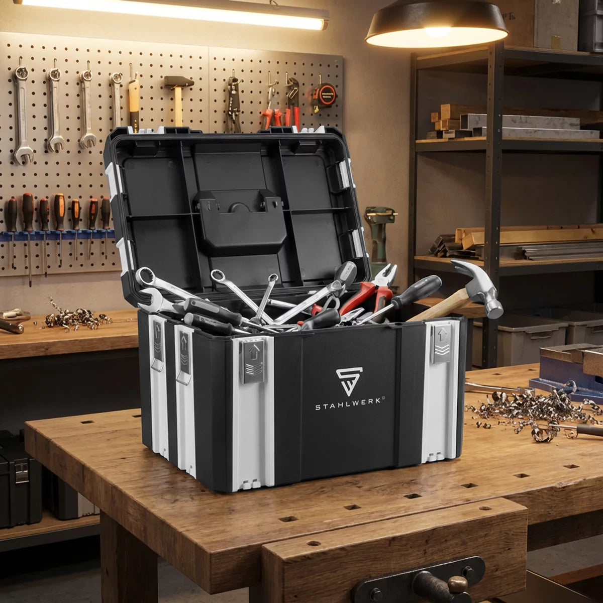 STAHLWERK Toolbox Set | 3 stapelbare Werkzeugkisten | Mobiler Werkzeug-Organizer mit Schubfach und Rollbrett | Flexibles Modul-System mit robusten Sortimentsboxen | Werkzeugtrolley