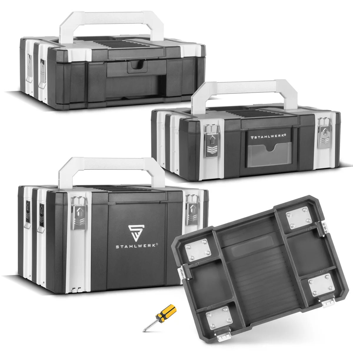 STAHLWERK Toolbox Set | 3 stapelbare Werkzeugkisten | Mobiler Werkzeug-Organizer mit Schubfach und Rollbrett | Flexibles Modul-System mit robusten Sortimentsboxen | Werkzeugtrolley