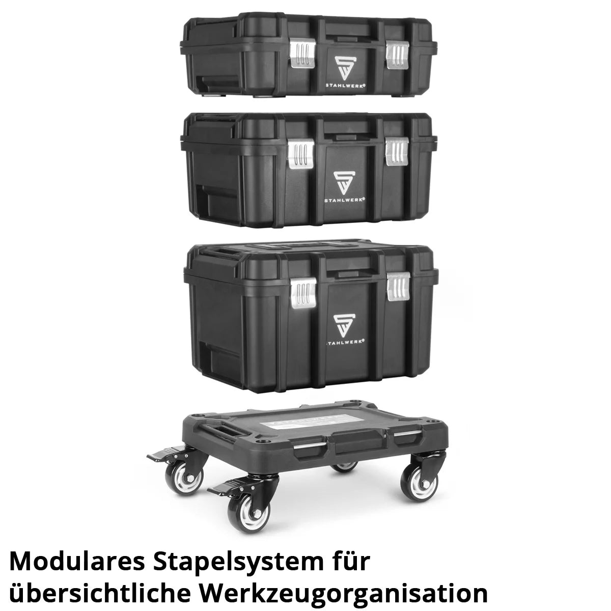 STAHLWERK Toolbox Set | 3 stapelbare Werkzeugkisten | Fahrbarer Werkzeug-Trolley mit Rollbrett | Flexibles Modul-System mit Sortimentsboxen | Mobile Werkzeugboxen mit Kleinteil-Organizern