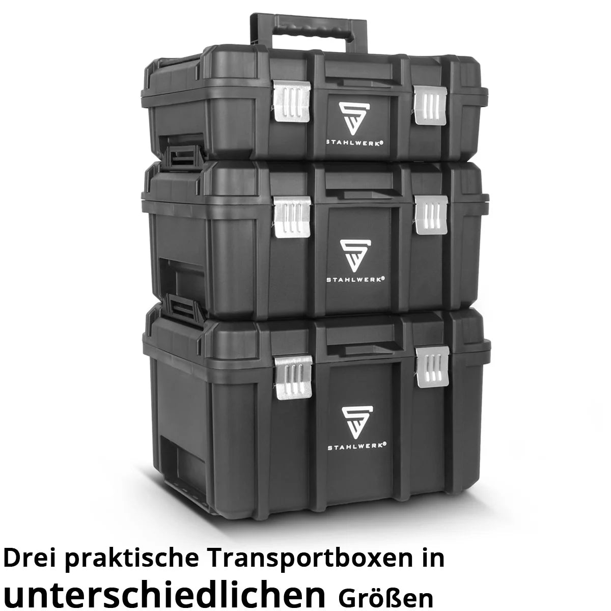 STAHLWERK Toolbox Set | 3 stapelbare Werkzeugkisten | Fahrbarer Werkzeug-Trolley mit Rollbrett | Flexibles Modul-System mit Sortimentsboxen | Mobile Werkzeugboxen mit Kleinteil-Organizern