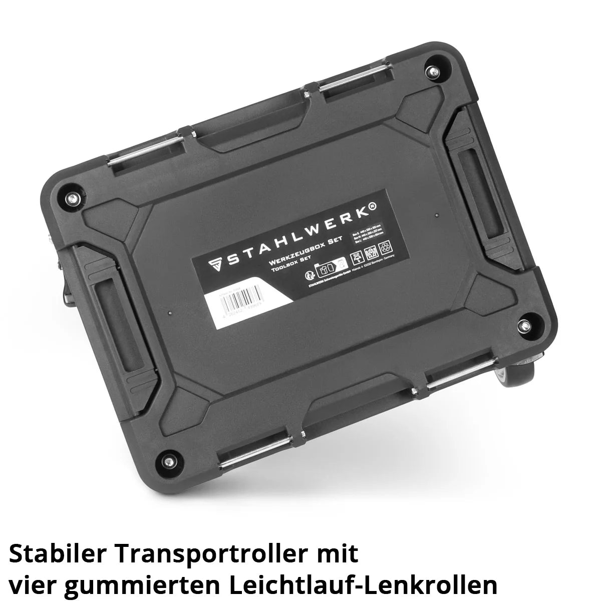 STAHLWERK Toolbox Set | 3 stapelbare Werkzeugkisten | Fahrbarer Werkzeug-Trolley mit Rollbrett | Flexibles Modul-System mit Sortimentsboxen | Mobile Werkzeugboxen mit Kleinteil-Organizern
