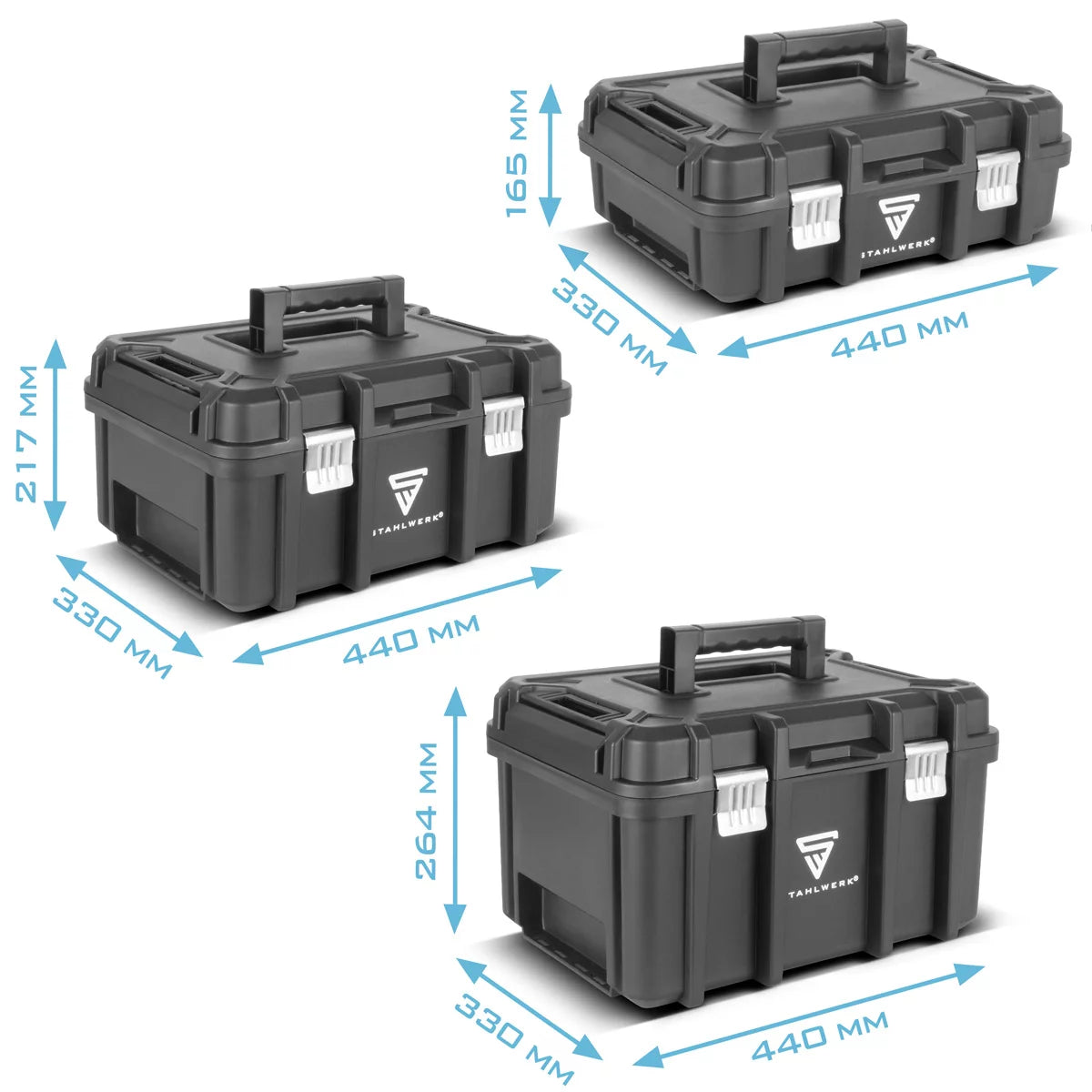 STAHLWERK Toolbox Set | 3 stapelbare Werkzeugkisten | Fahrbarer Werkzeug-Trolley mit Rollbrett | Flexibles Modul-System mit Sortimentsboxen | Mobile Werkzeugboxen mit Kleinteil-Organizern