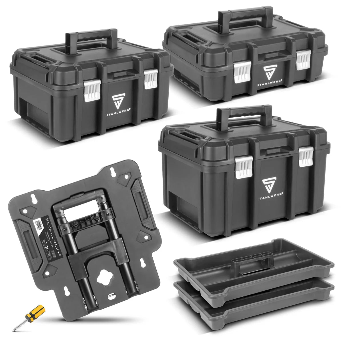 Set di cassette degli attrezzi STAHLWERK | Carrello portautensili mobile e organizer con manico telescopico | Sistema modulare flessibile con scatole assortite | 3 cassette degli attrezzi impilabili | Cassette degli attrezzi con organizer per minuteria