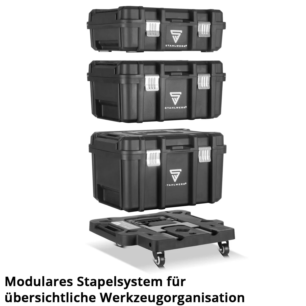 STAHLWERK Toolbox Set | Mobiler Werkzeug-Trolley und Organizer mit Teleskopgriff | Flexibles Modul-System mit Sortimentsboxen | 3 stapelbare Werkzeugkisten | Werkzeugboxen mit Kleinteil-Organizer