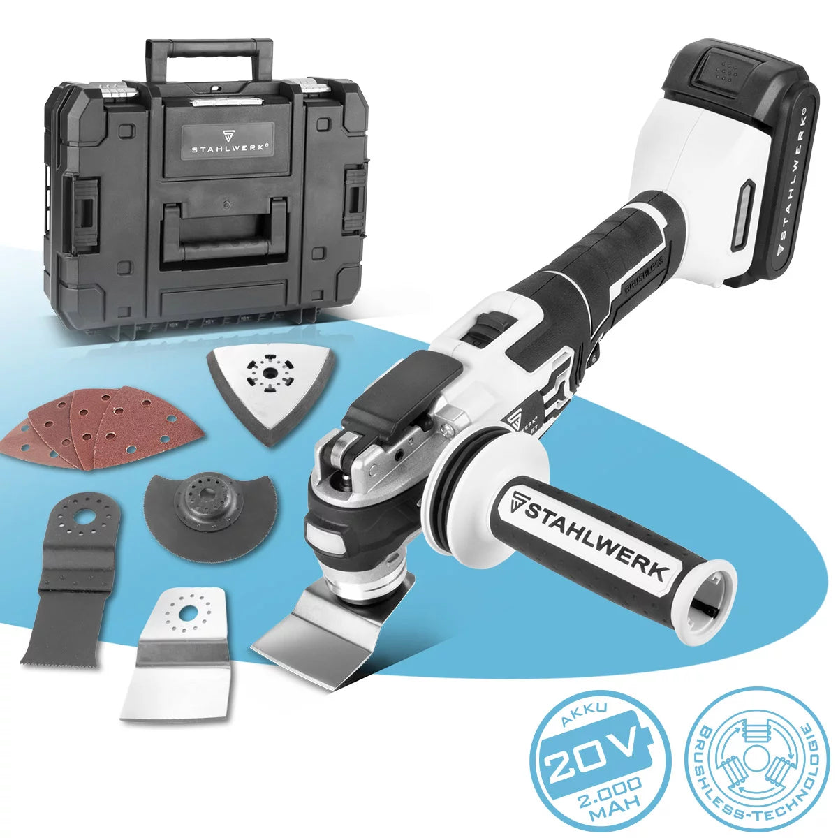STAHLWERK oscillating battery-operated multifunctional tool OMTB-20 ST with 900 watts, 10,500-20,000 rpm and 20 V battery system, delta sander / oscillating tool / multicutter with brushless technology