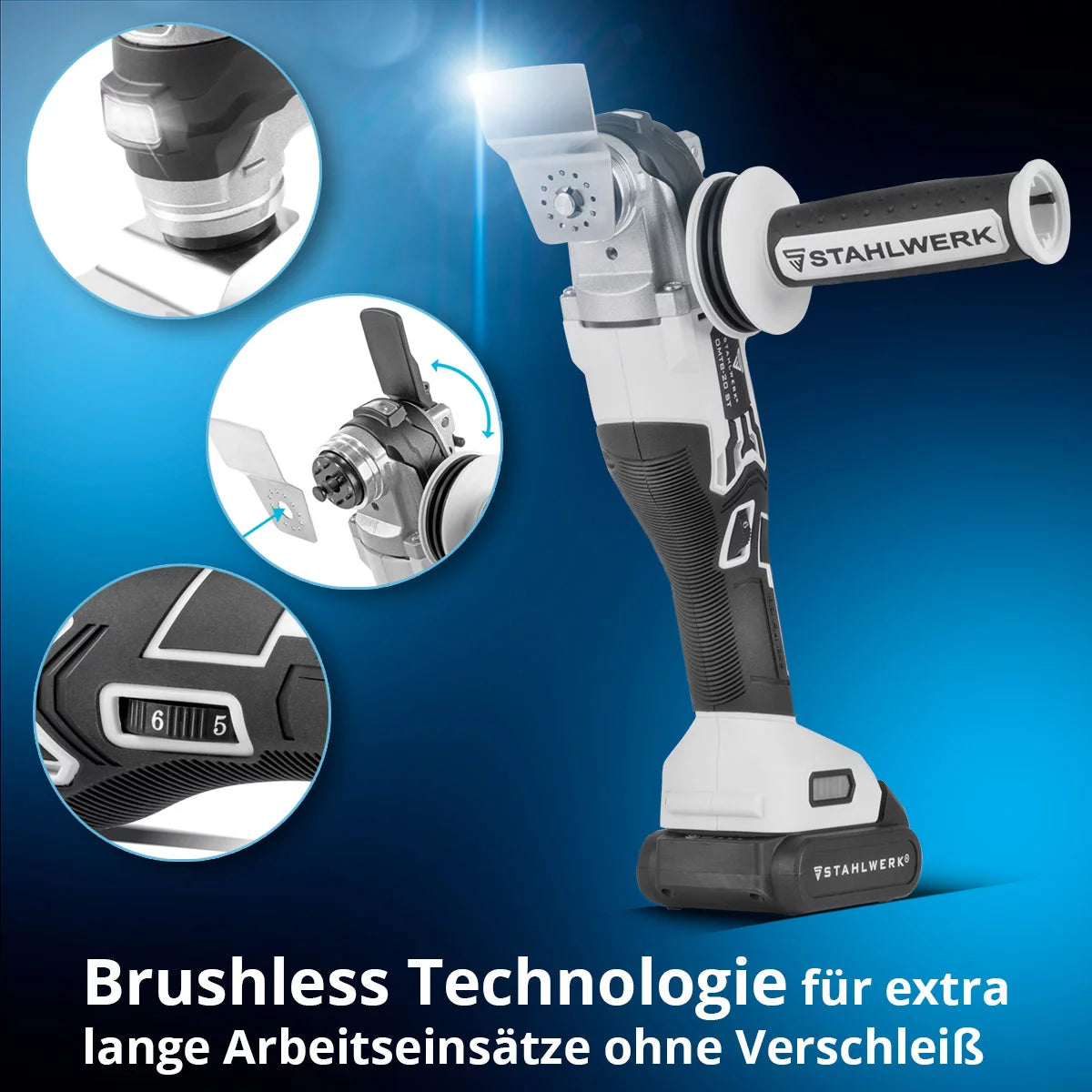 STAHLWERK oscillating battery-operated multifunctional tool OMTB-20 ST with 900 watts, 10,500-20,000 rpm and 20 V battery system, delta sander / oscillating tool / multicutter with brushless technology