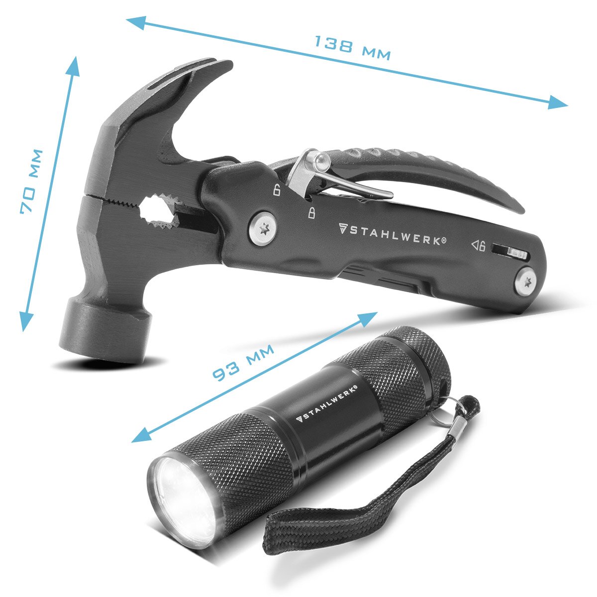 Steelwork Multi -Tool con 12 herramientas, navaja de bolsillo de alta calidad / cuchillo plegable / herramienta multifuncional con martillo, cuchillo, sierra, archivo, combinación, destornillador, etc., incluida la linterna LED