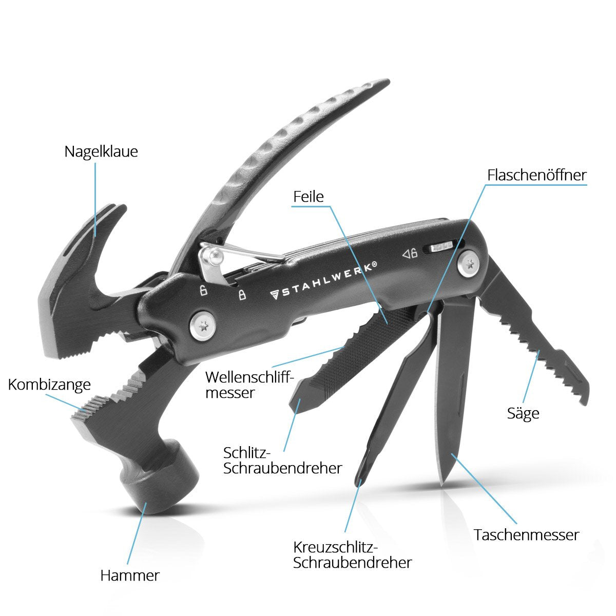 Steelwork Multi -Tool con 12 herramientas, navaja de bolsillo de alta calidad / cuchillo plegable / herramienta multifuncional con martillo, cuchillo, sierra, archivo, combinación, destornillador, etc., incluida la linterna LED