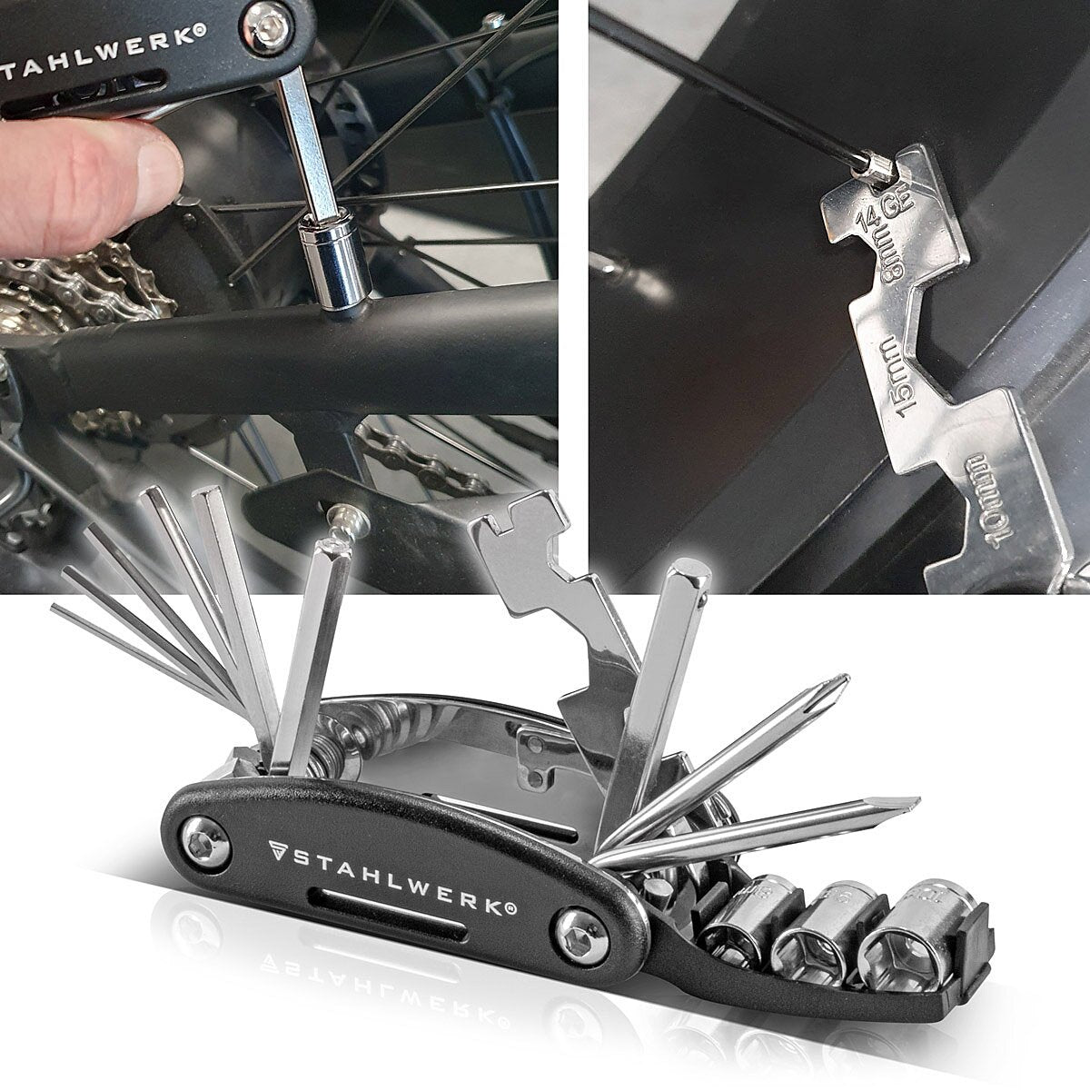 STAHLWERK Multitool / Multifunktionswerkzeug / 16 in 1 Fahrrad Reparaturwerkzeug / Radwerkzeug für unterwegs