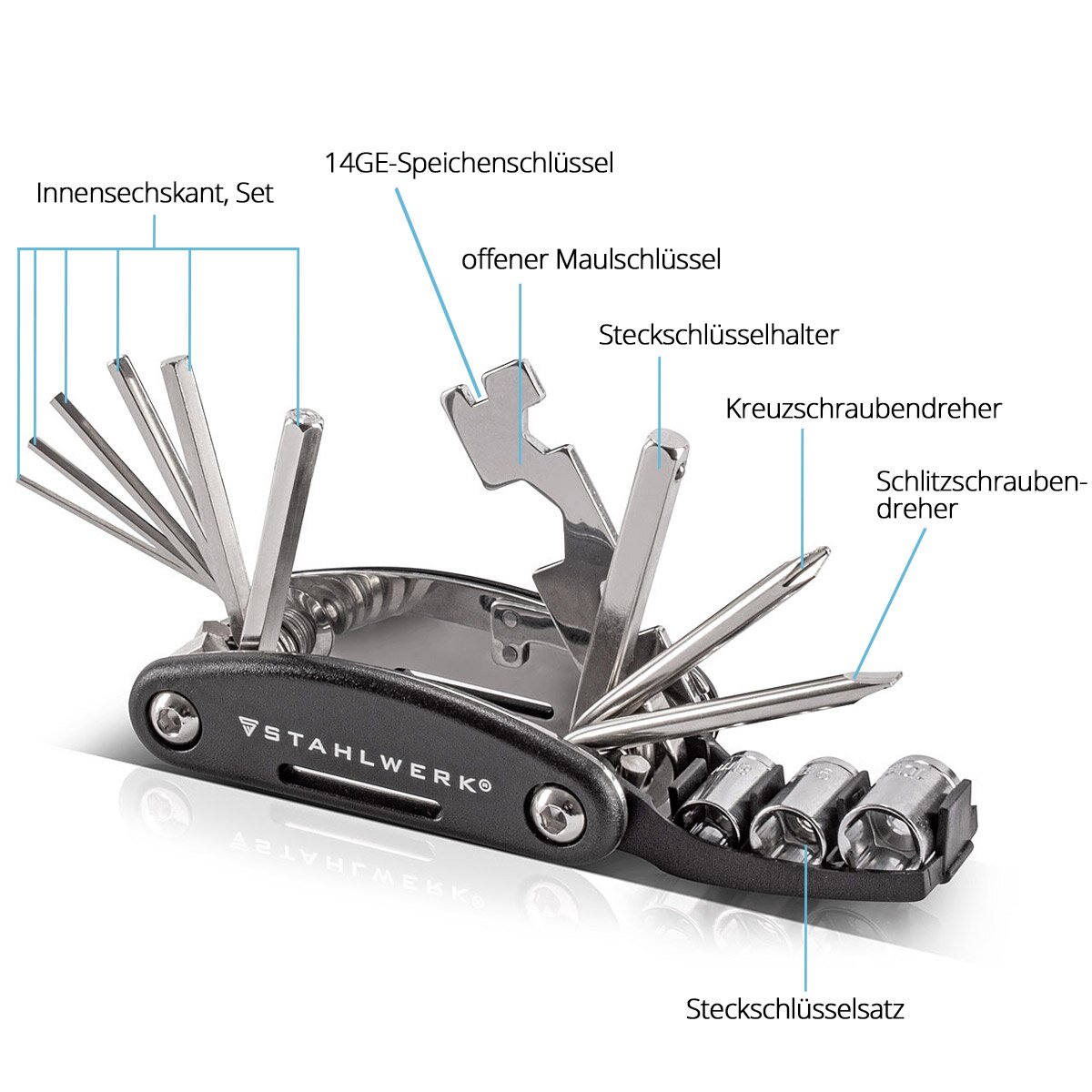 STAHLWERK Multitool / Multifunktionswerkzeug / 16 in 1 Fahrrad Reparaturwerkzeug / Radwerkzeug für unterwegs