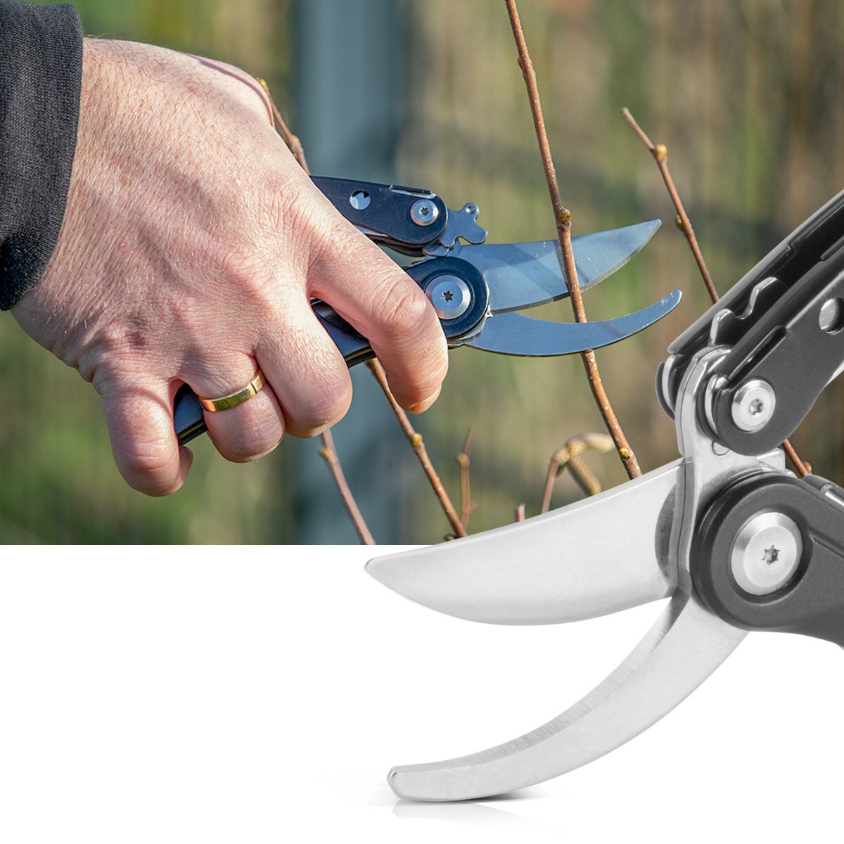 STAHLWERK Multitool mit 5 Werkzeugen, hochwertiges Taschenmesser / Klappmesser/ Multifunktionswerkzeug mit Gartenschere, Säge, Messer, Wurzelstecher und Öse