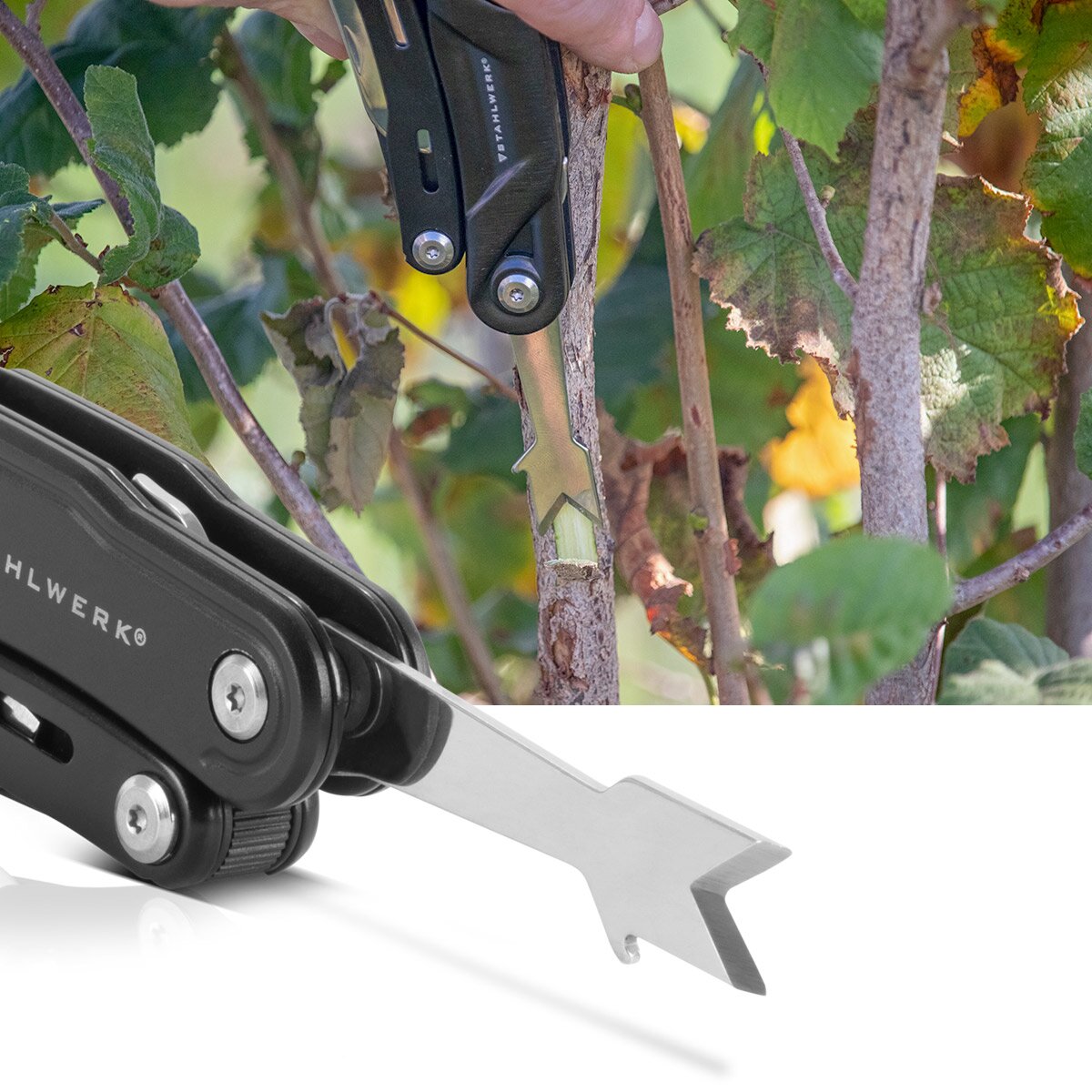 STAHLWERK Multitool mit 5 Werkzeugen, hochwertiges Taschenmesser / Klappmesser/ Multifunktionswerkzeug mit Gartenschere, Säge, Messer, Wurzelstecher und Öse