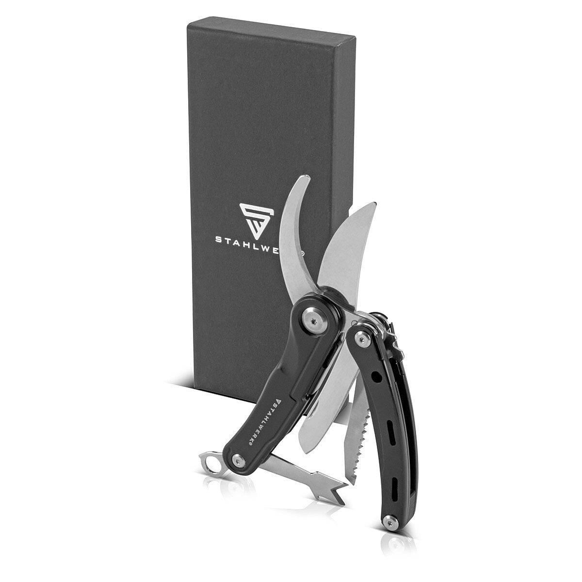 STAHLWERK Multitool mit 5 Werkzeugen, hochwertiges Taschenmesser / Klappmesser/ Multifunktionswerkzeug mit Gartenschere, Säge, Messer, Wurzelstecher und Öse