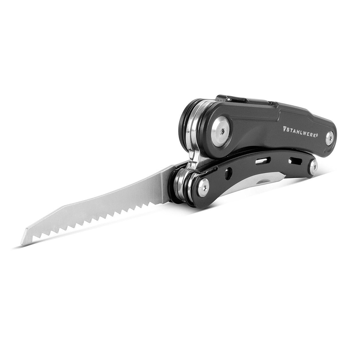 STAHLWERK Multitool mit 5 Werkzeugen, hochwertiges Taschenmesser / Klappmesser/ Multifunktionswerkzeug mit Gartenschere, Säge, Messer, Wurzelstecher und Öse