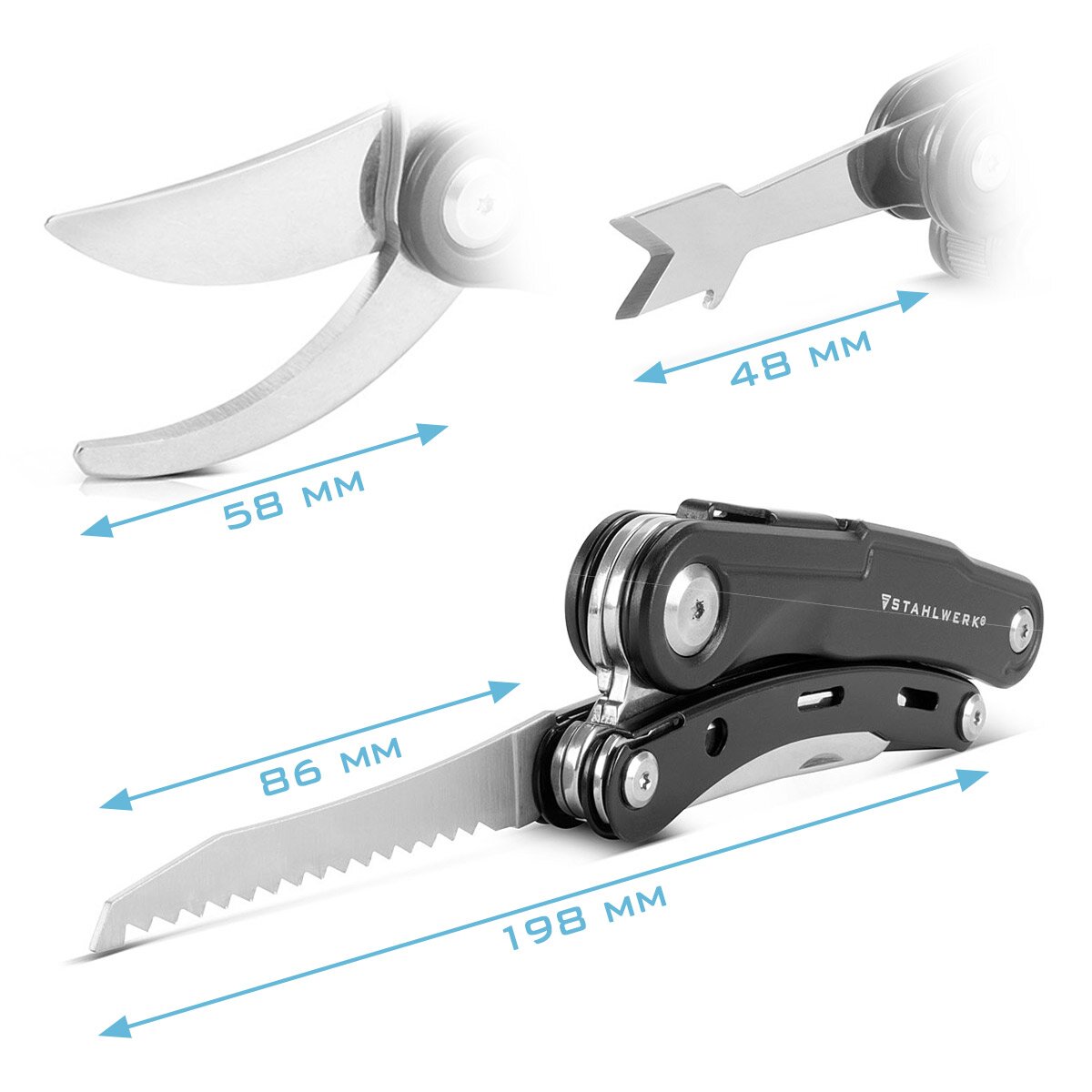 STAHLWERK Multitool mit 5 Werkzeugen, hochwertiges Taschenmesser / Klappmesser/ Multifunktionswerkzeug mit Gartenschere, Säge, Messer, Wurzelstecher und Öse