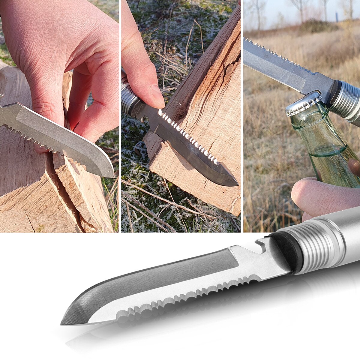 Steelwork Multi-tool / multifunctional tool / outdoor survival kit with folding spades, multifunction knives, saw, emergency hammer and signal pipe with fire steel