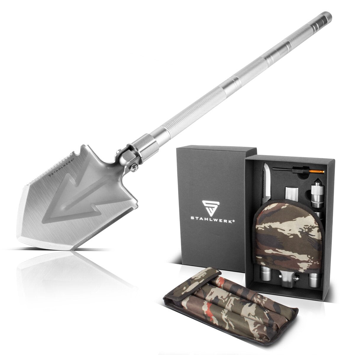 Steelwork Multi-tool / multifunctional tool / outdoor survival kit with folding spades, multifunction knives, saw, emergency hammer and signal pipe with fire steel