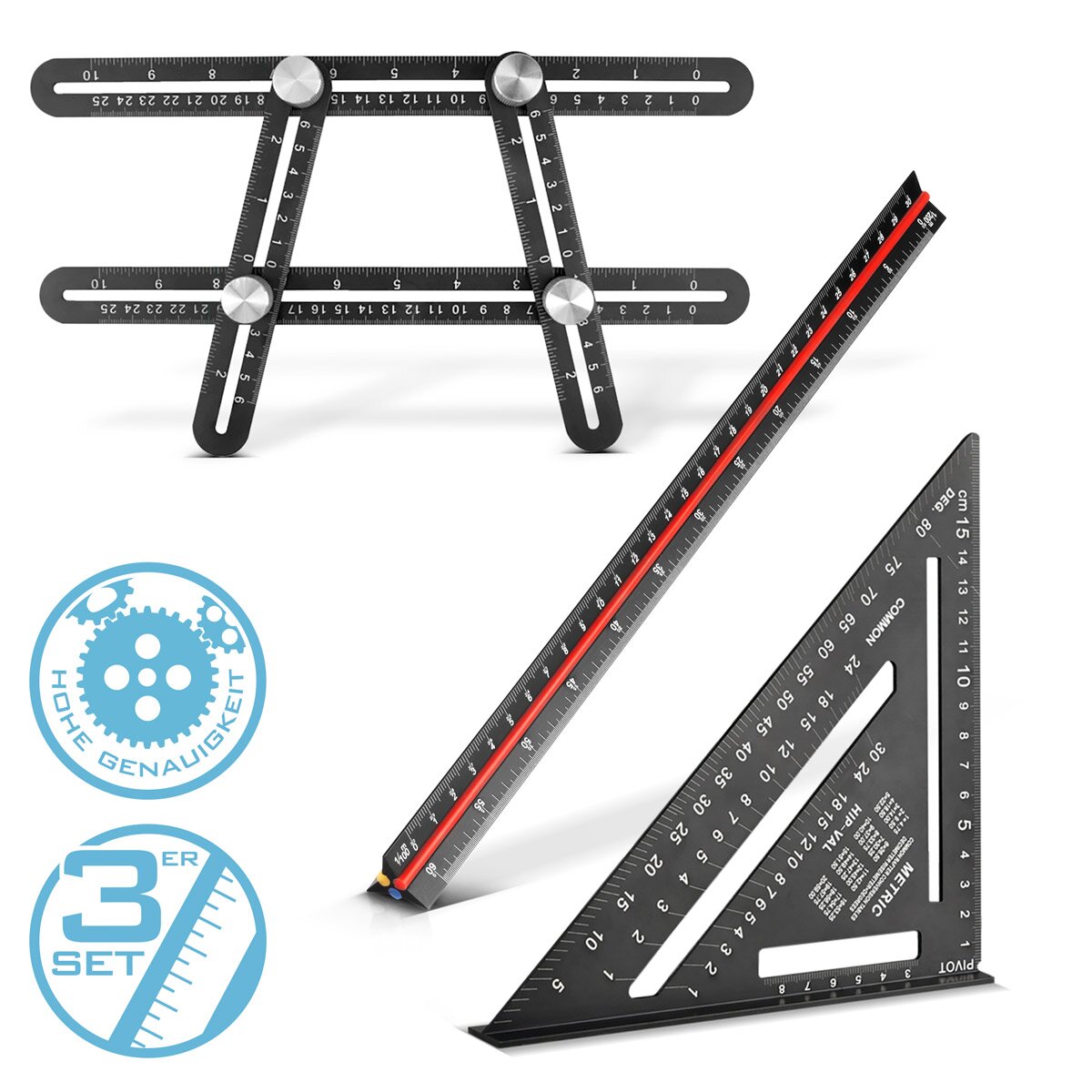 Ensemble linéaire en acier avec ligne de mesure multi-angle, triangle à trois cant-linéaires et angle avec un arrêt pour une mesure précise, déchirée, marquer et tirer