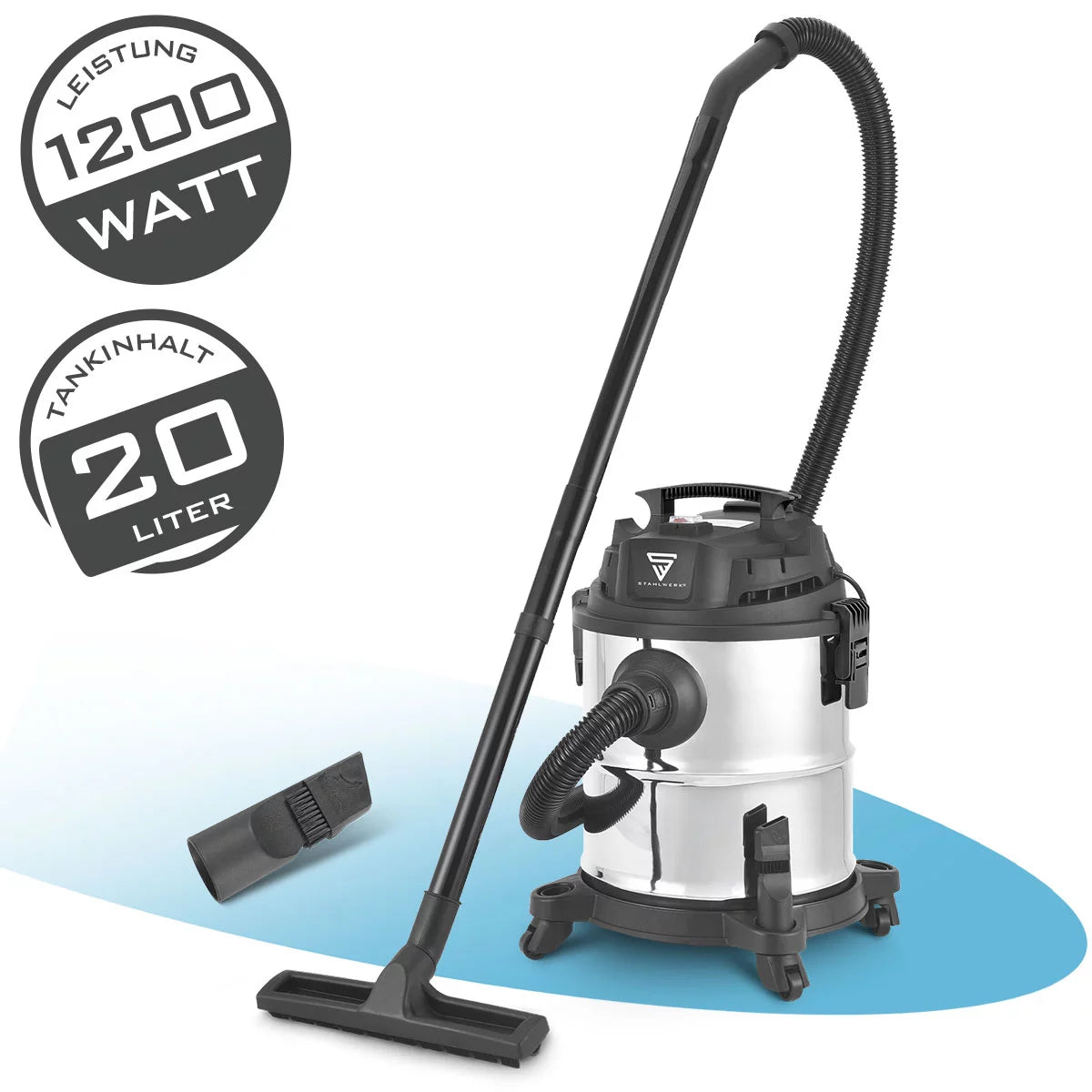 STAHLWERK wet and dry vacuum cleaner VCL-1200 ST | 1200 W workshop vacuum cleaner with 20 l metal container | Dust shaking and blowing function | Compact industrial vacuum cleaner for workshops, garages and construction sites