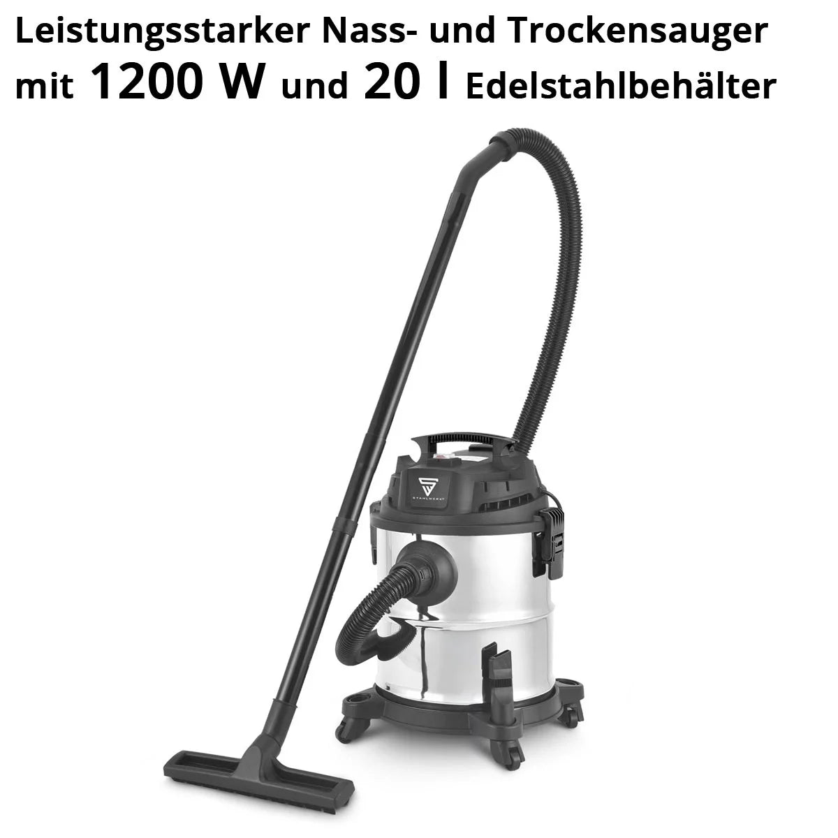 STAHLWERK wet and dry vacuum cleaner VCL-1200 ST | 1200 W workshop vacuum cleaner with 20 l metal container | Dust shaking and blowing function | Compact industrial vacuum cleaner for workshops, garages and construction sites