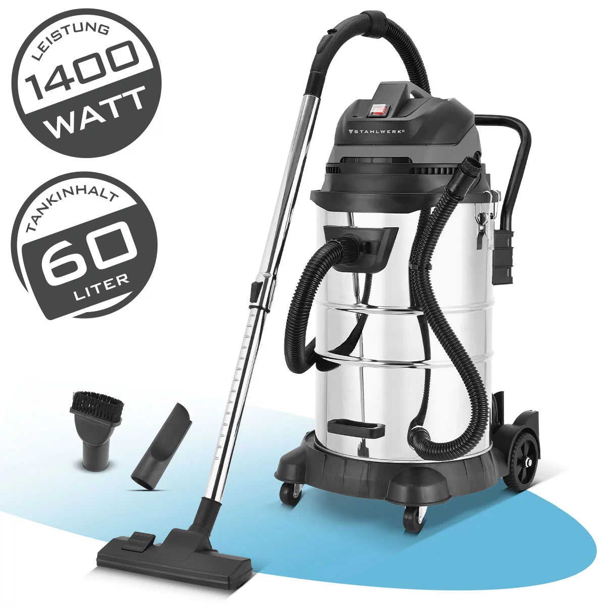 STAHLWERK wet and dry vacuum cleaner VCL-1400 ST | 1400 W industrial vacuum cleaner with 60 L metal container | Blowing and dust shaking function, safety shutdown | Powerful workshop vacuum with accessories