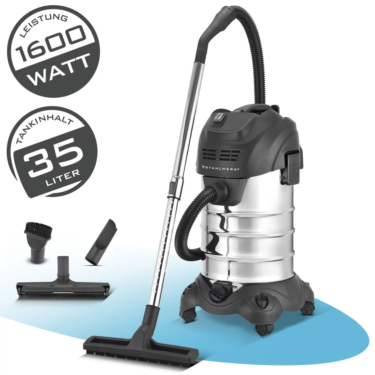 STAHLWERK wet and dry vacuum cleaner VCL-1600 ST | 1600 W industrial vacuum cleaner with 35 l stainless steel container | Blowing function and safety shutdown | Extensive accessory package | Robust workshop vacuum cleaner