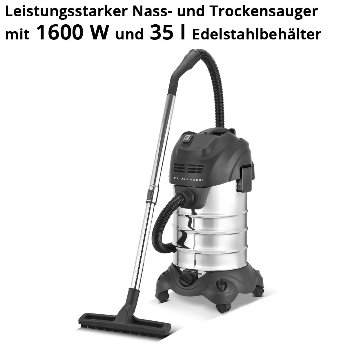 STAHLWERK wet and dry vacuum cleaner VCL-1600 ST | 1600 W industrial vacuum cleaner with 35 l stainless steel container | Blowing function and safety shutdown | Extensive accessory package | Robust workshop vacuum cleaner