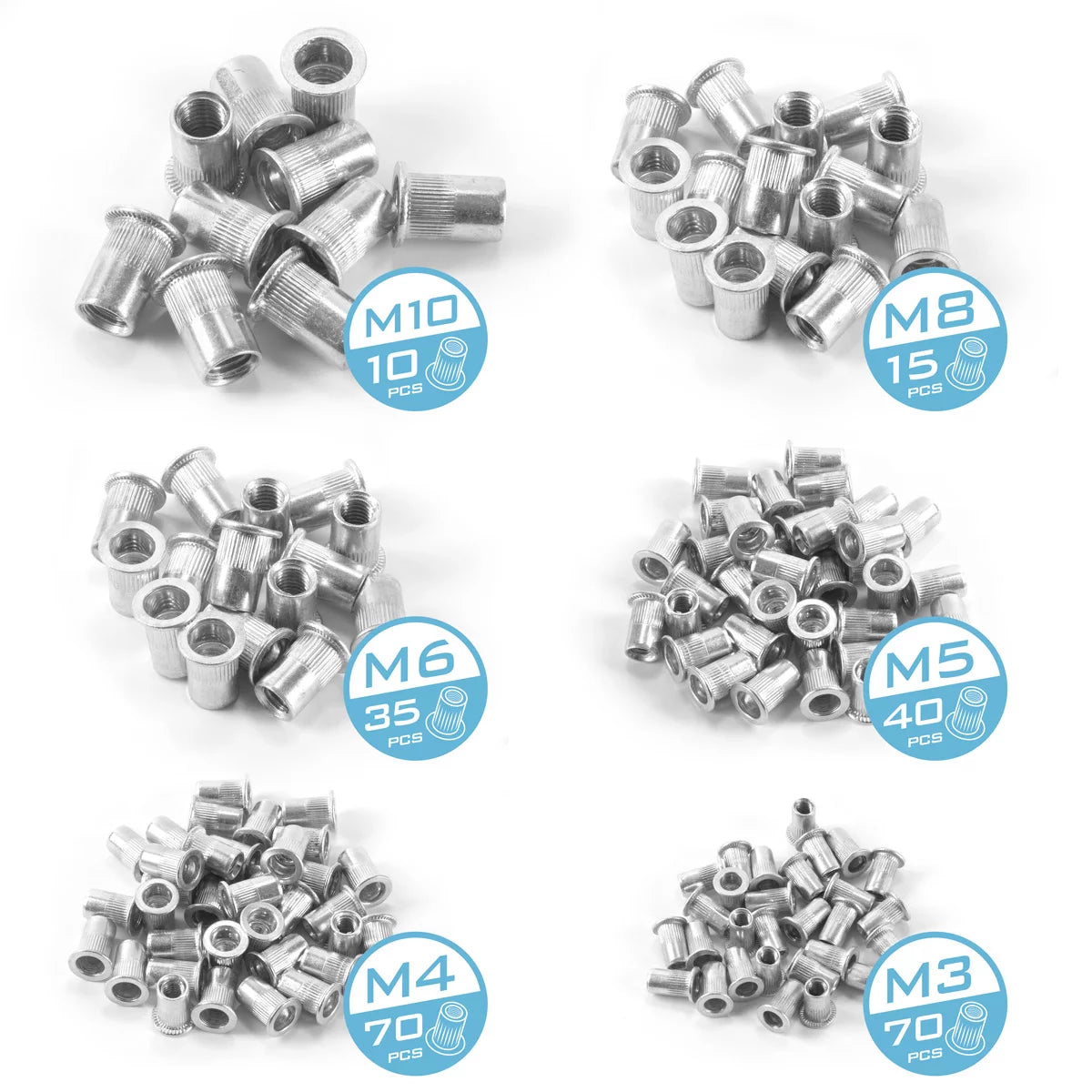 STAHLWERK Nietmuttern-Set für Nietmutternzangen 500-teilig | Hochwertige Gewindenieten aus Aluminium und Stahl im praktischen Koffer |Wechsel-Gewindedorn M3 | M4 | M5 | M6 | M8 | M10