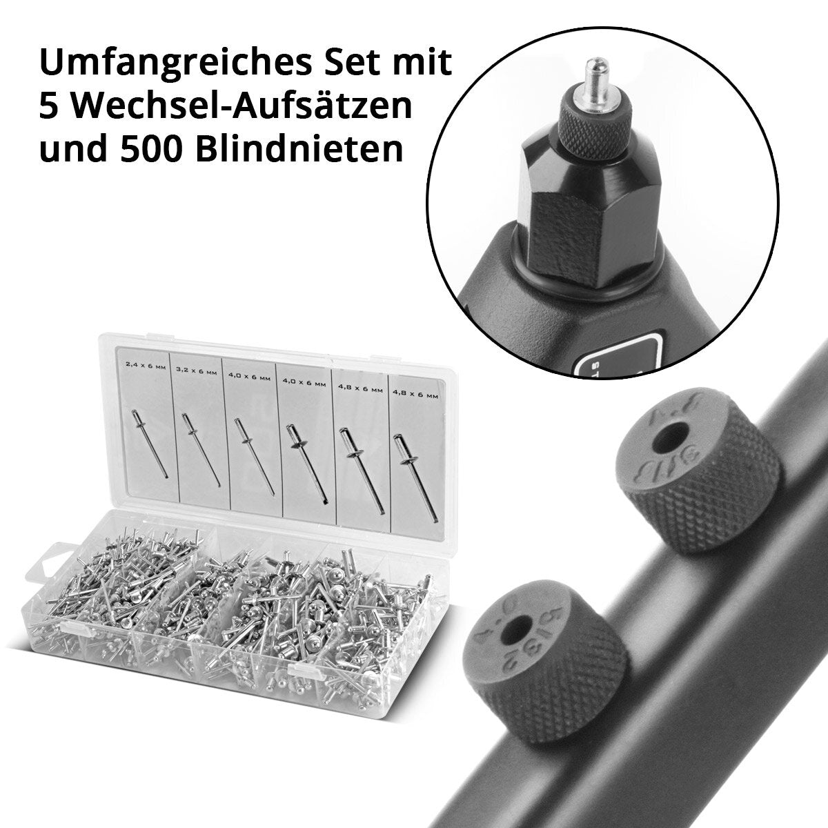 Steelworks Nietzangen-Set HNZ-280 ST blind tongue | Libel pliers | Popniet pliers | Rivet nut tongs | Rivet pistol | Rivet tool | With 5 alternating attachments and 500 blind rivets