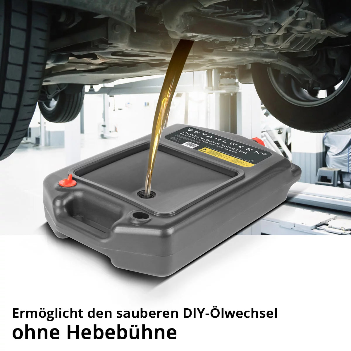 STAHLWERK Ölwechselkanister 10 L | Robuste Ölauffangwanne | Mobil und flexibel einsetzbar | Ölwanne mit Auffanghilfe | 2-in-1 Funktion - Öl- und Treibstoffkanister für Auto, Motorrad und Werkstatt