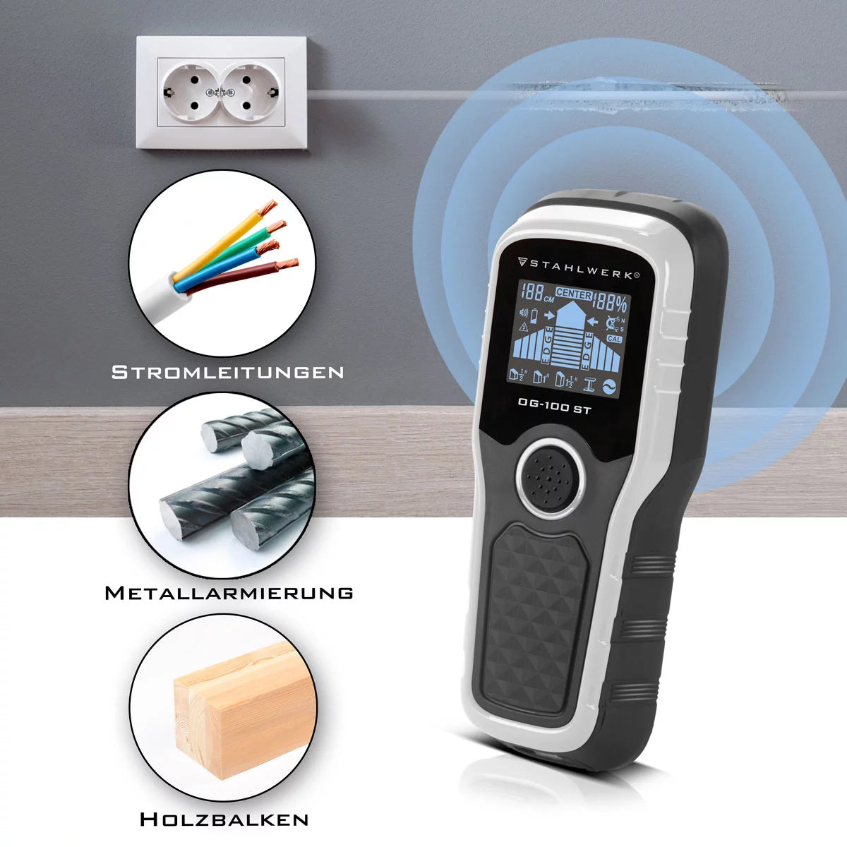 Stahlwerk Location device OG-100 ST wall scanner, metal detector, cable searcher, bolzendecarte, cable search device, wall detector for the locations of power lines, metal objects or bars in wall and ceiling