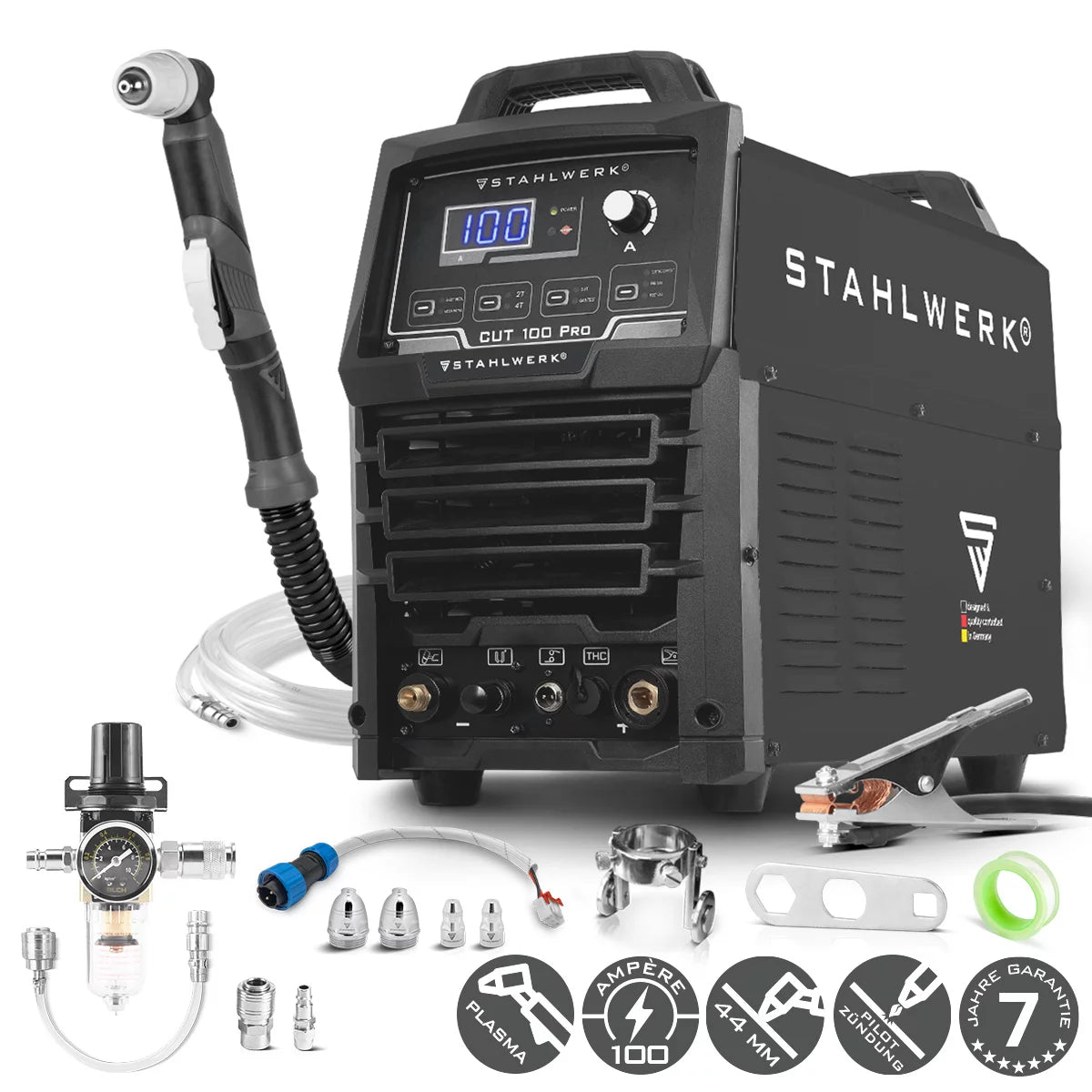 STAHLWERK plasma cutter CUT 100 Pro | 100A Inverter Plasma Cutter | HF pilot ignition | Digital display | THC interface for CNC | Cutting performance up to 44 mm | Plasma cutter with 2T/4T function