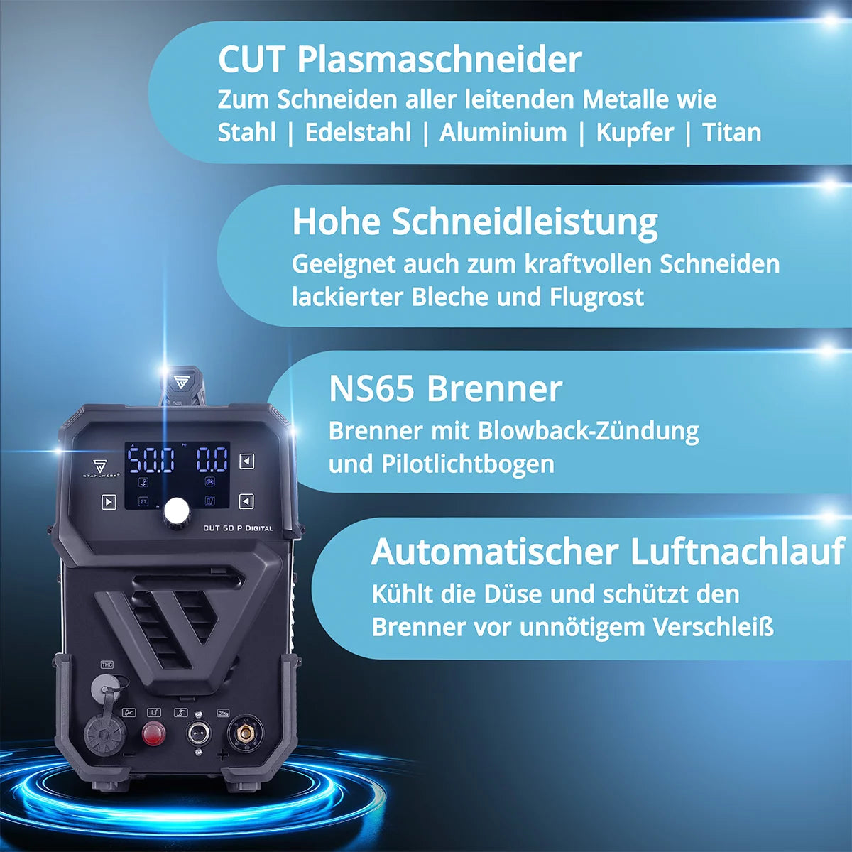 STAHLWERK Plasmaschneider CUT 50 P Digital Vollausstattung | 50A Inverter-Plasmaschneider | Blowback-Zündung | Digitalanzeige | THC-Schnittstelle für CNC | Schneidleistung bis 20 mm | 2T/4T-Funktion