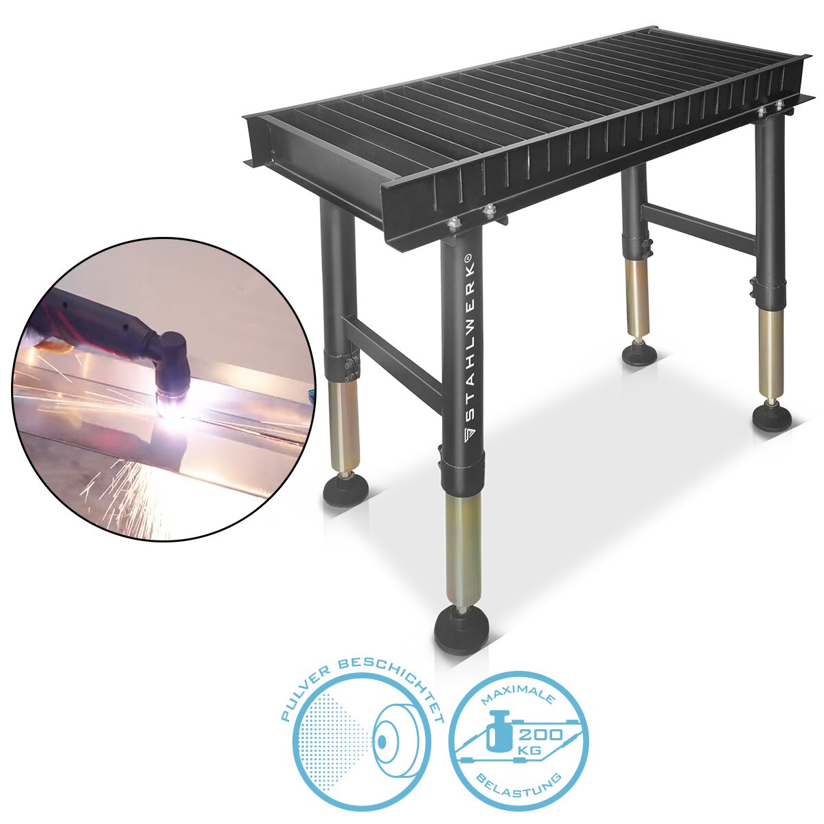 Tableau de coupe en plasma en acier PCT-1000 ST 1000 x 410 mm Plasmatique réglable de hauteur | Banque coupée enrobée de poudre pour la coupe de plasma professionnel