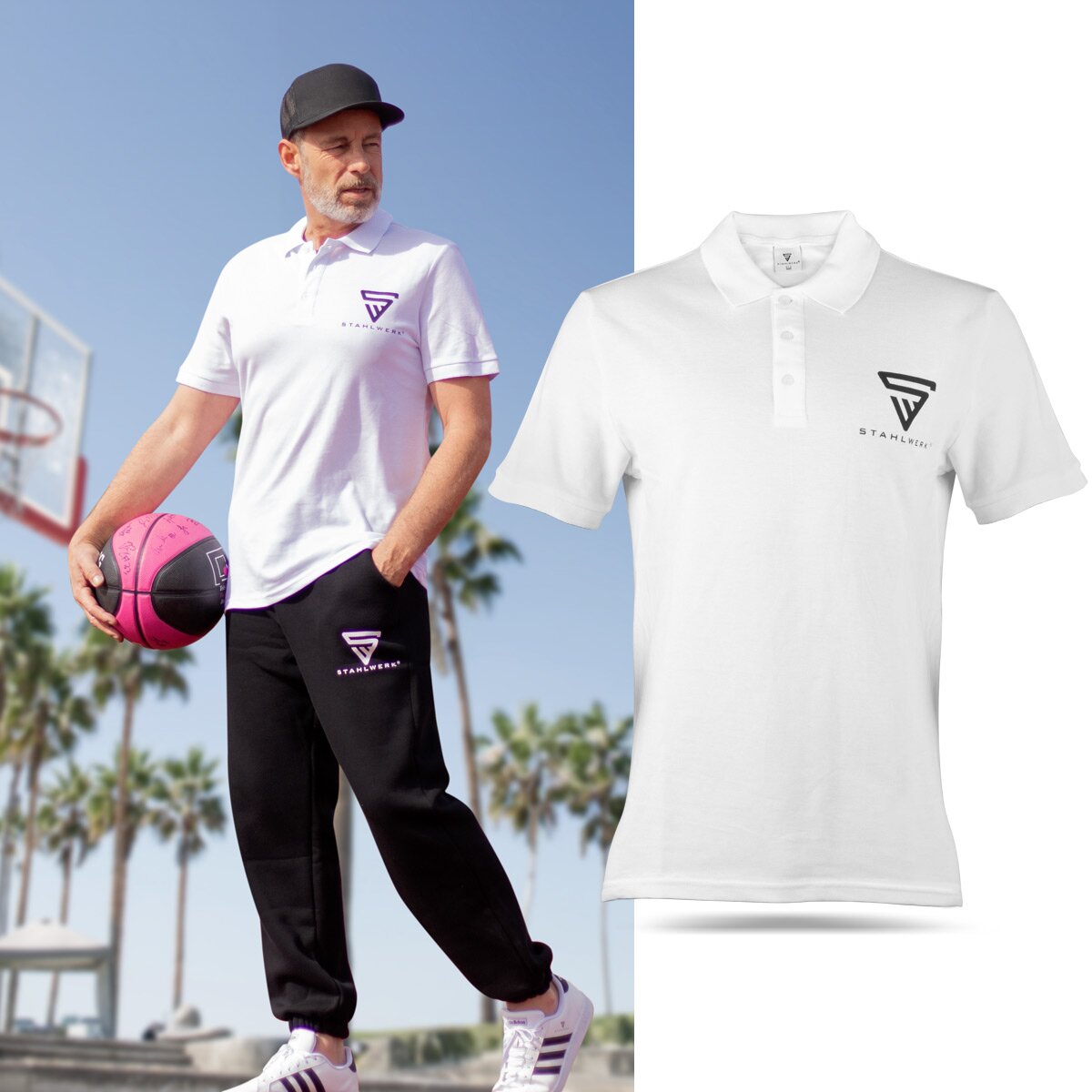 Polo Steelworks Taille xxl Polo à bras court blanc avec imprimé logo en 100% coton