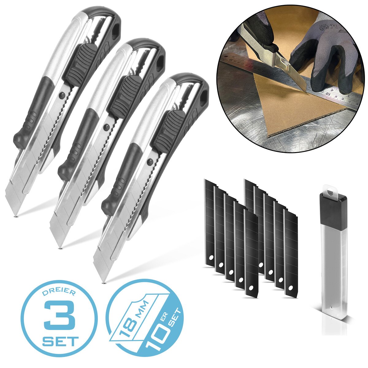 STAHLWERK Premium-Cuttermesser PCM-182 ST 3er Set mit 18 mm Abbrechklingen Profi Cutter | Teppichmesser | Sicherheitsmesser | Paketmesser | Kartonmesser