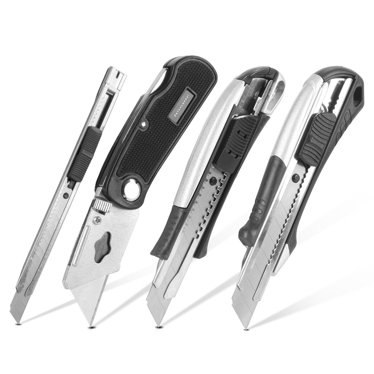 STAHLWERK Cuttermesser 4er Set mit Ersatzklingen Profi Cutter | Teppichmesser | Sicherheitsmesser | Paketmesser | Kartonmesser