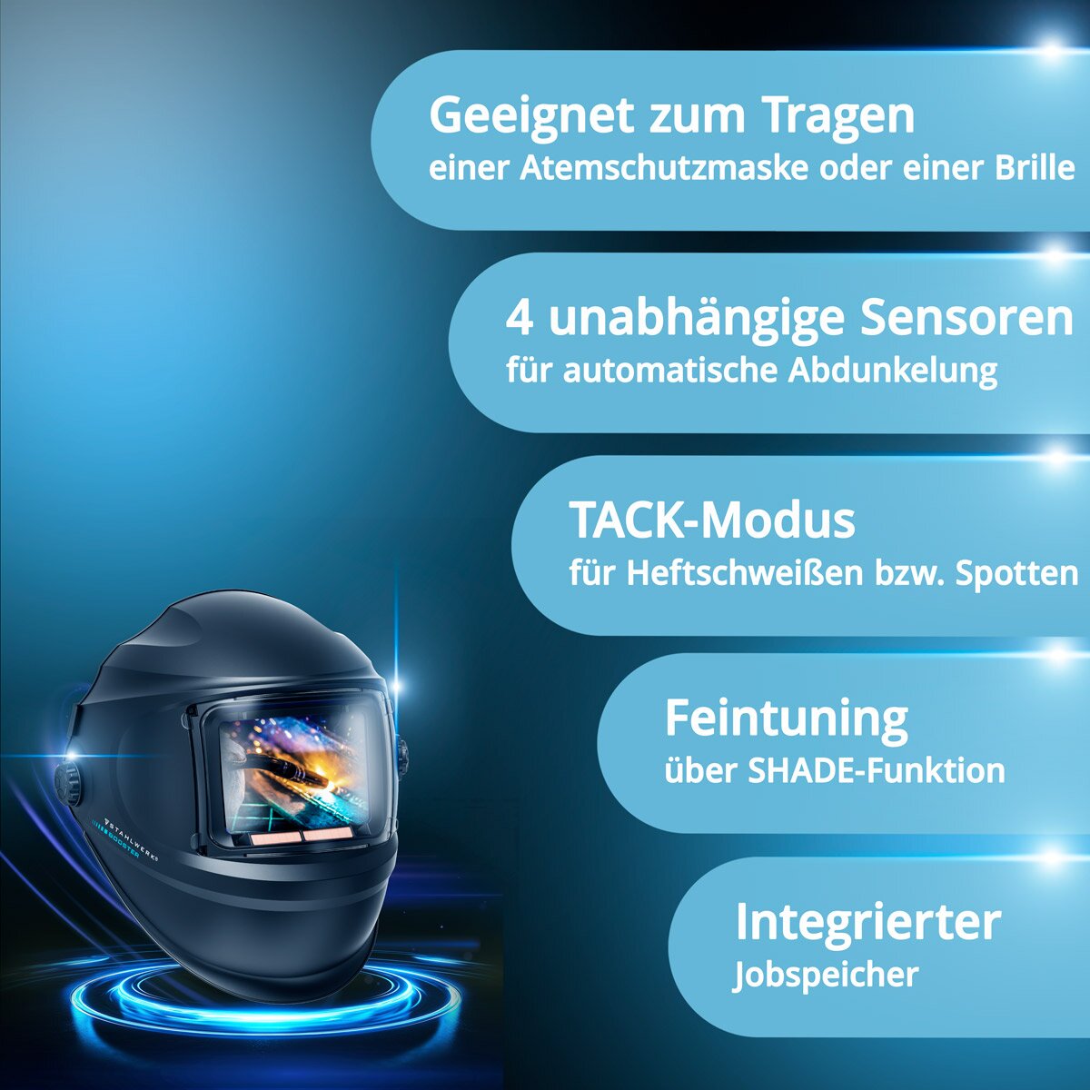 STAHLWERK خوذة لحام أوتوماتيكية BOOSTER 3 في 1 خوذة لحام | قناع لحام مع إعادة إنتاج الألوان الحقيقية، وذاكرة العمل، والتعتيم التلقائي DIN 4 إلى DIN 13 والفئة البصرية 1/1/1/2