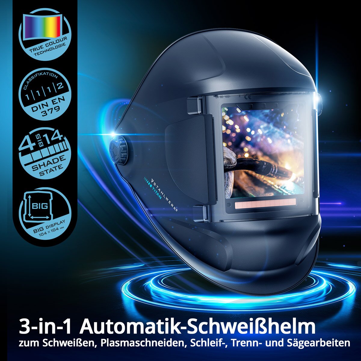 STAHLWERK خوذة لحام أوتوماتيكية TITAN 3 في 1 خوذة لحام | قناع لحام مع إعادة إنتاج الألوان الحقيقية، وذاكرة العمل، والتعتيم التلقائي DIN 4 إلى DIN 14 والفئة البصرية 1/1/1/1
