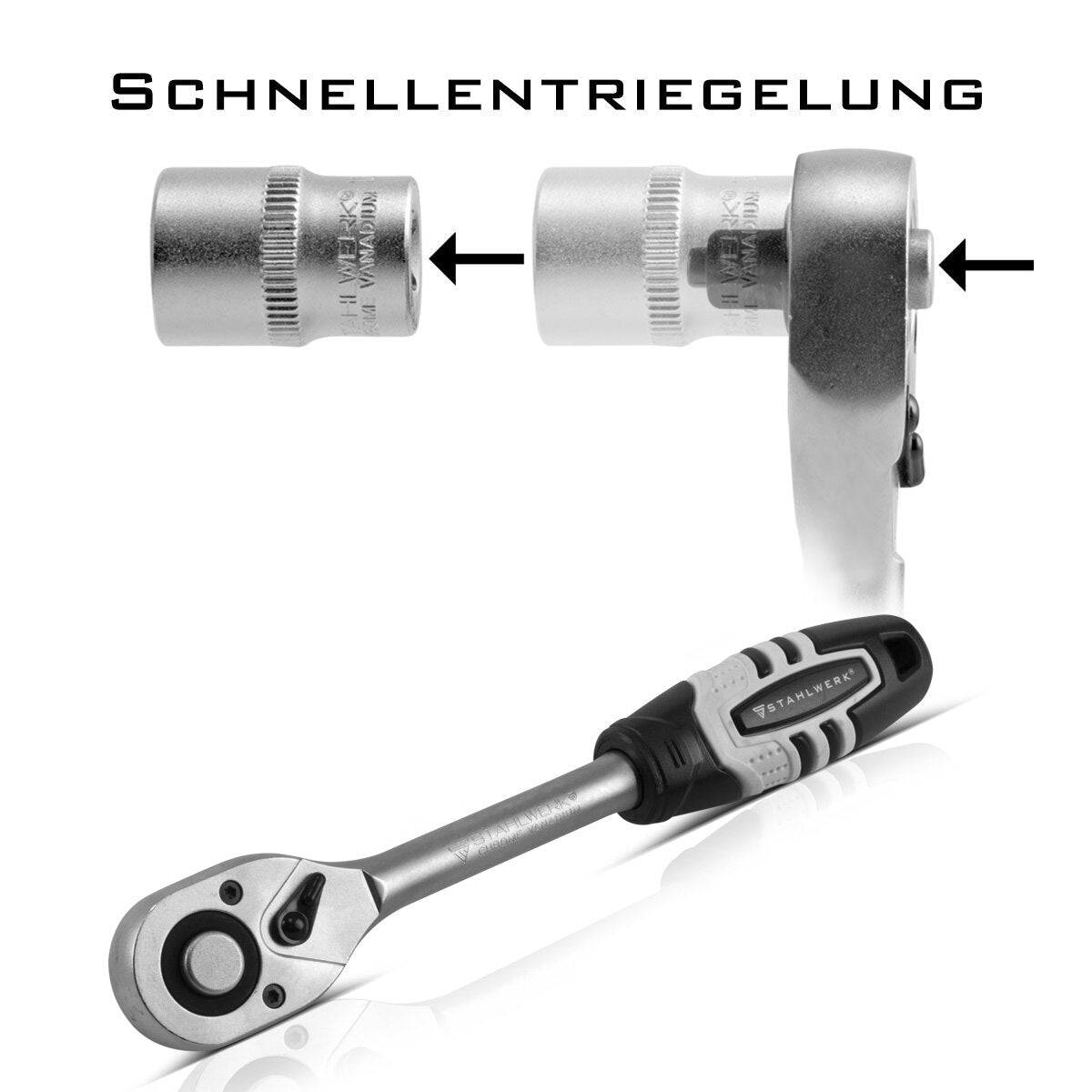 STAHLWERK 60-teiliger Profi-Ratschenkasten mit 1/2 Zoll Umschaltknarre aus Chrom- Vanadium-Stahl 72 Zähne inklusive Steckschlüssel- und Bit-Set S2-Stahl