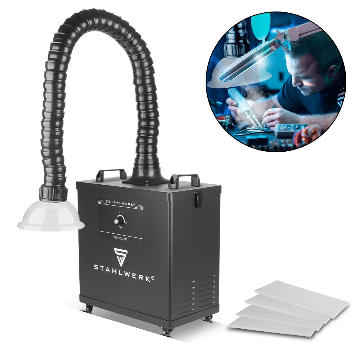 Désenfumage STAHLWERK FE-300 ST | Système d'extraction puissant de 300 watts avec triple filtre | Absorbeur de fumée et extracteur de fumée sûrs | Extraction des fumées de soudage et de brasage pour filtrer les fumées, les gaz et les vapeurs