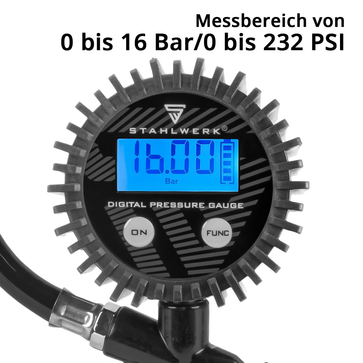 Steelworks Digital Compressed Air Tire Pistol DRD-16 ST | Filler per pneumatici ad aria compressa con manometro digitale | Tester a pressione dei pneumatici per auto, camion, moto, bicicletta | Area di misurazione 0-16 bar / 0-232 psi