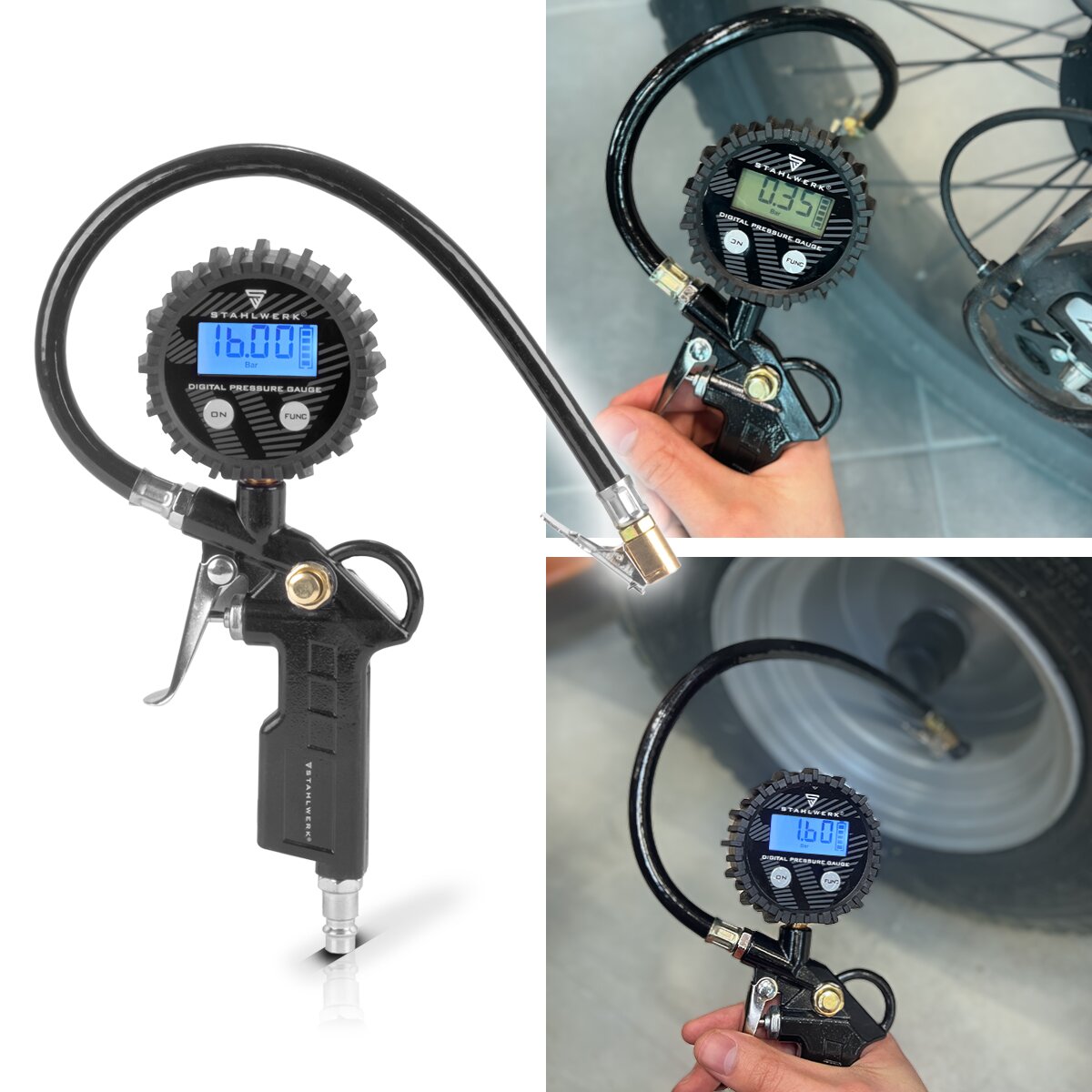 Steelworks Digital Compressed Air Tire Pistol DRD-16 ST | Filler per pneumatici ad aria compressa con manometro digitale | Tester a pressione dei pneumatici per auto, camion, moto, bicicletta | Area di misurazione 0-16 bar / 0-232 psi