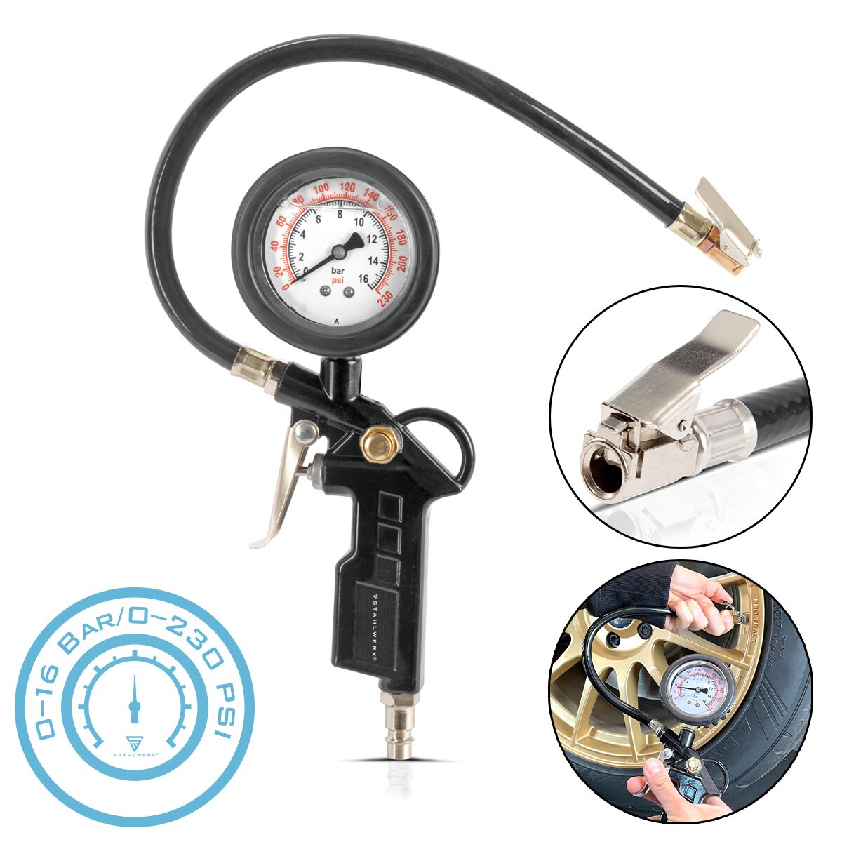 Pistolet de pneu à air comprimé Steelworks DRA-161 St | Remplissage de pneu à air comprimé avec manomètre | Testeur de pression des pneus 2 en 1 pour les voitures, camions, moto, vélo | Plage de mesure 0 à 16 bar / 0 à 230 psi