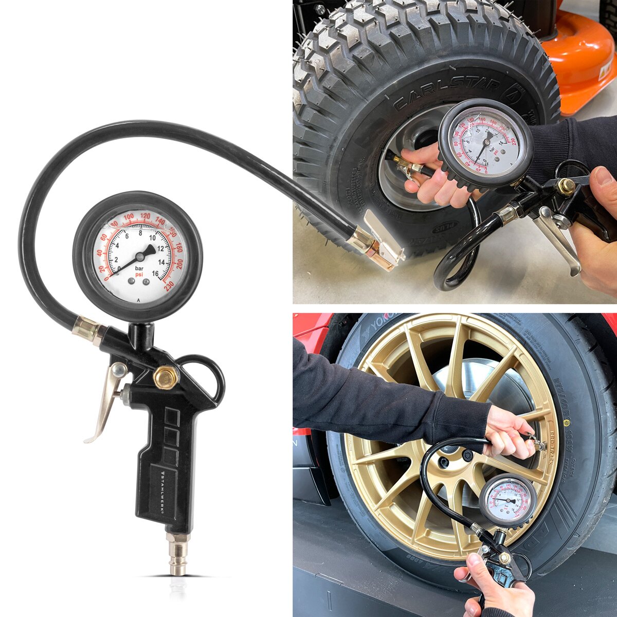 Pistolet de pneu à air comprimé Steelworks DRA-161 St | Remplissage de pneu à air comprimé avec manomètre | Testeur de pression des pneus 2 en 1 pour les voitures, camions, moto, vélo | Plage de mesure 0 à 16 bar / 0 à 230 psi